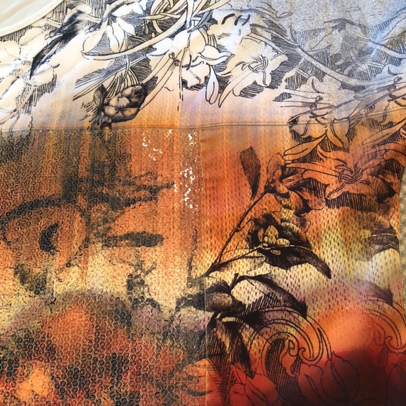 YEST BUUR XL TOP SEQUINNED FRONT PANEL FLORAL ORANGE-WINE ON CREAM & BLACK #359 - Picture 4 of 13